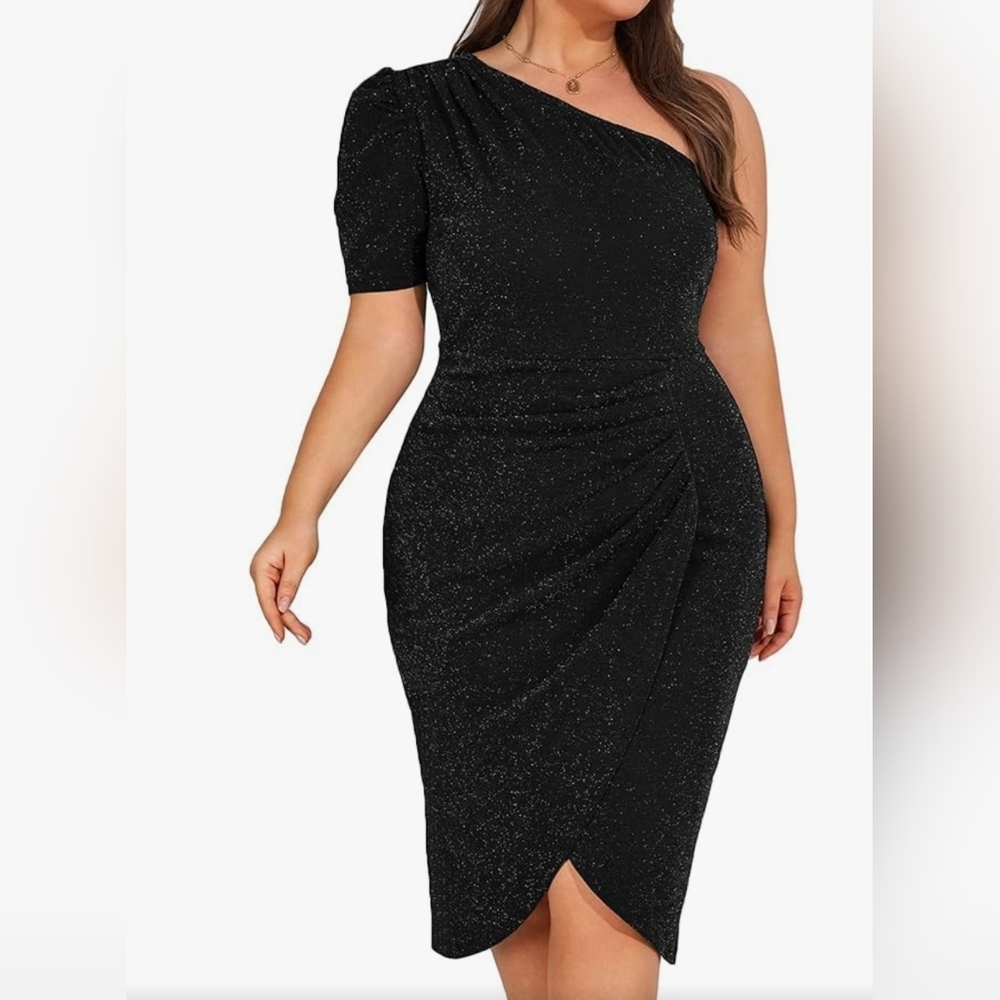 Plus Size Women One Shoulder Ruched Wrap Cocktail Party Glitter Midi Dress